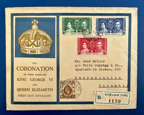 Great HONG KONG 1937 First Day Cover KING GEO VI CORONATION addressed 2 Columbia