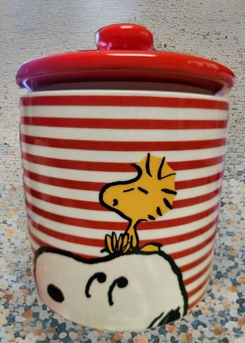 Peanuts Snoopy Woodstock Canister Cookie Jar New Red Stripes