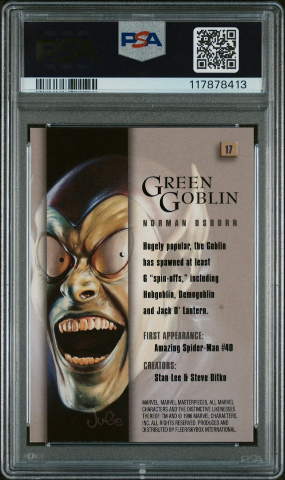 1996 Marvel Masterpieces Green Goblin PSA 6 #17 LOW POP Base Set Spiderman Card - Image 2 of 2
