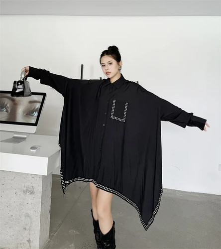 Black Urban Street Long Edgy Overlay Top Asymmetrical Loose Layering Shirt 20 - Picture 5 of 23