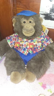 vintage goffa monkey chimp plush patterned shirt and hat rubber face sounds