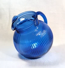40's Vintage Colbalt Blue Hazel Atlas Tilted Pitcher with Handle ~ Ribbed Glass