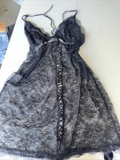 Victoria's Secret Black Sheer Lace Up Back Babydoll Slip Dress Lingerie Sz L