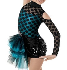 Weissman Jump Polka Dot Teal Black Sequin Abstract Biketard Dance Costume LC