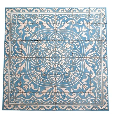Tableau de Carrelage Mosaïque Mandala Peint à la Main 90x90 Bleu Clair Turquoise - Photo 1/3