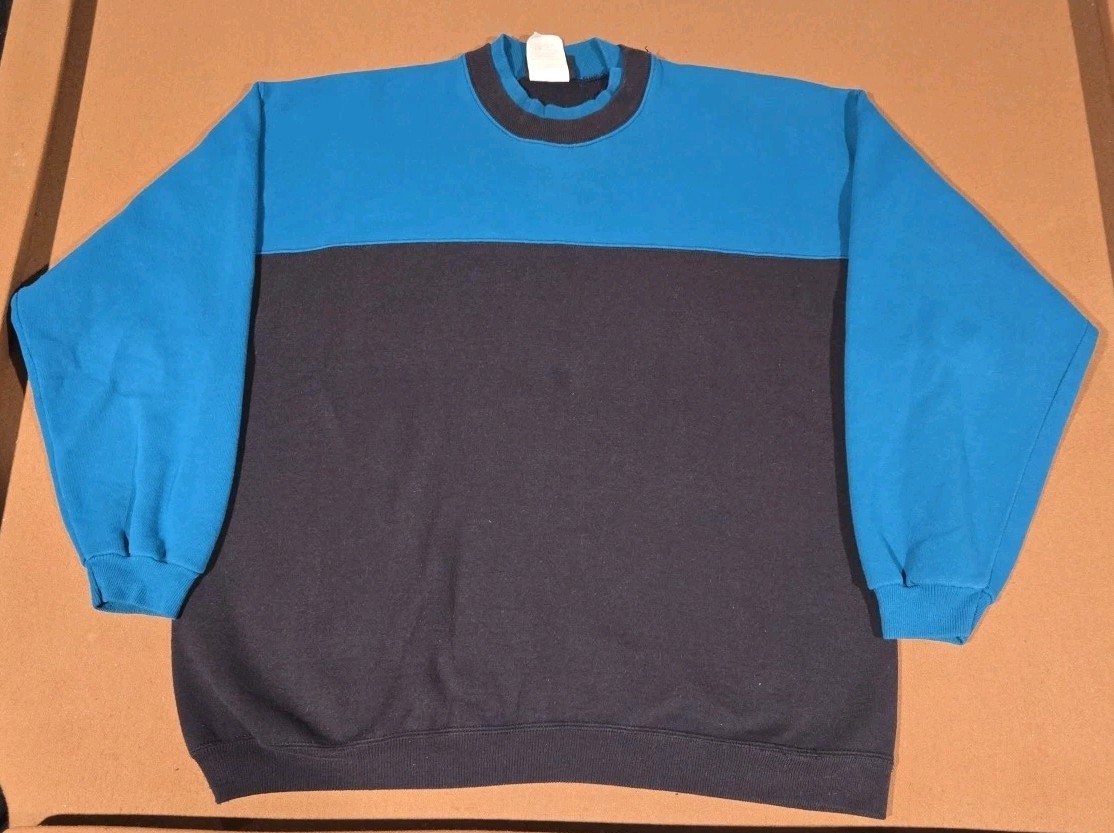 Vintage Hanes Sweatshirt Mens Sz XL Blue Black Colorblock Crewneck Two Tone