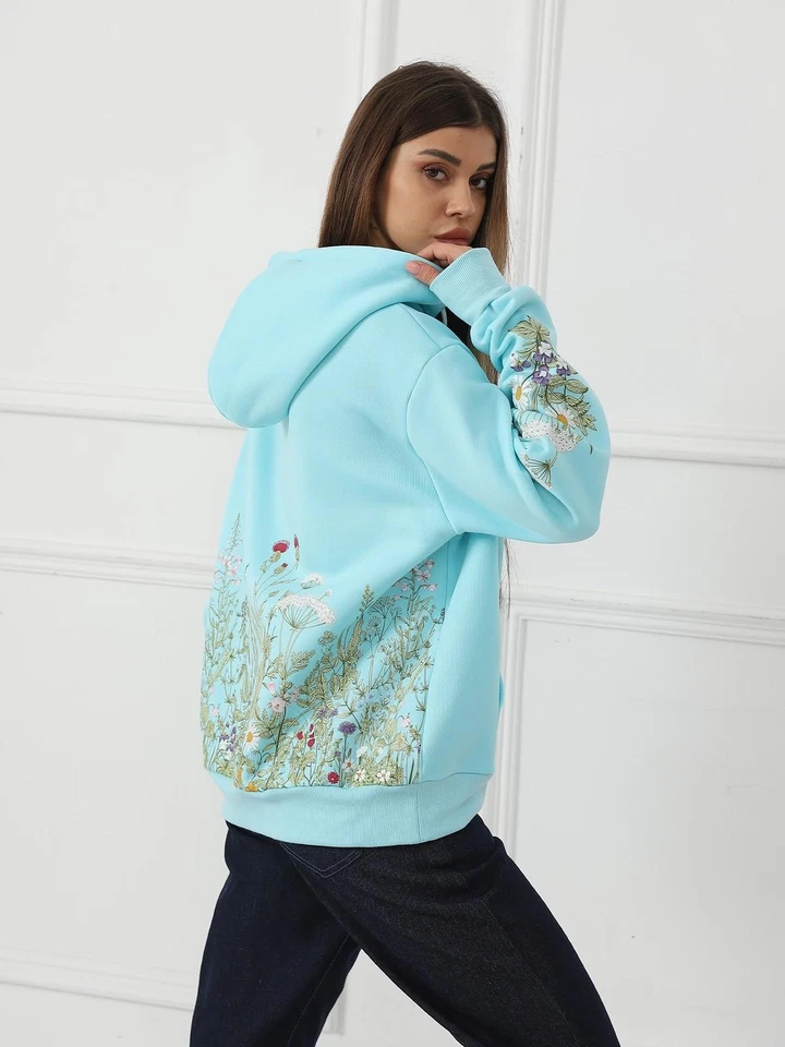 Moletom feminino de manga comprida floral cor sólida - Imagem 4 de 4