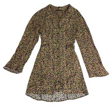 ZARA Ditsy Floral Print Long Sleeve Button Front Mini Dress Black Pink Size XS