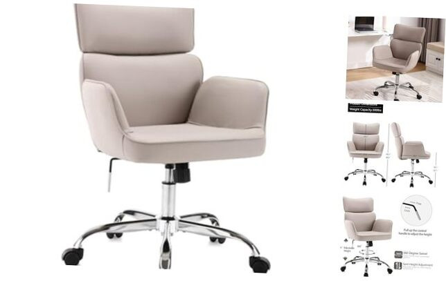 Ergonomic Home Office Chair with Wheels - Adjustable Height Swivel Mid-Back Task Chair with Arms