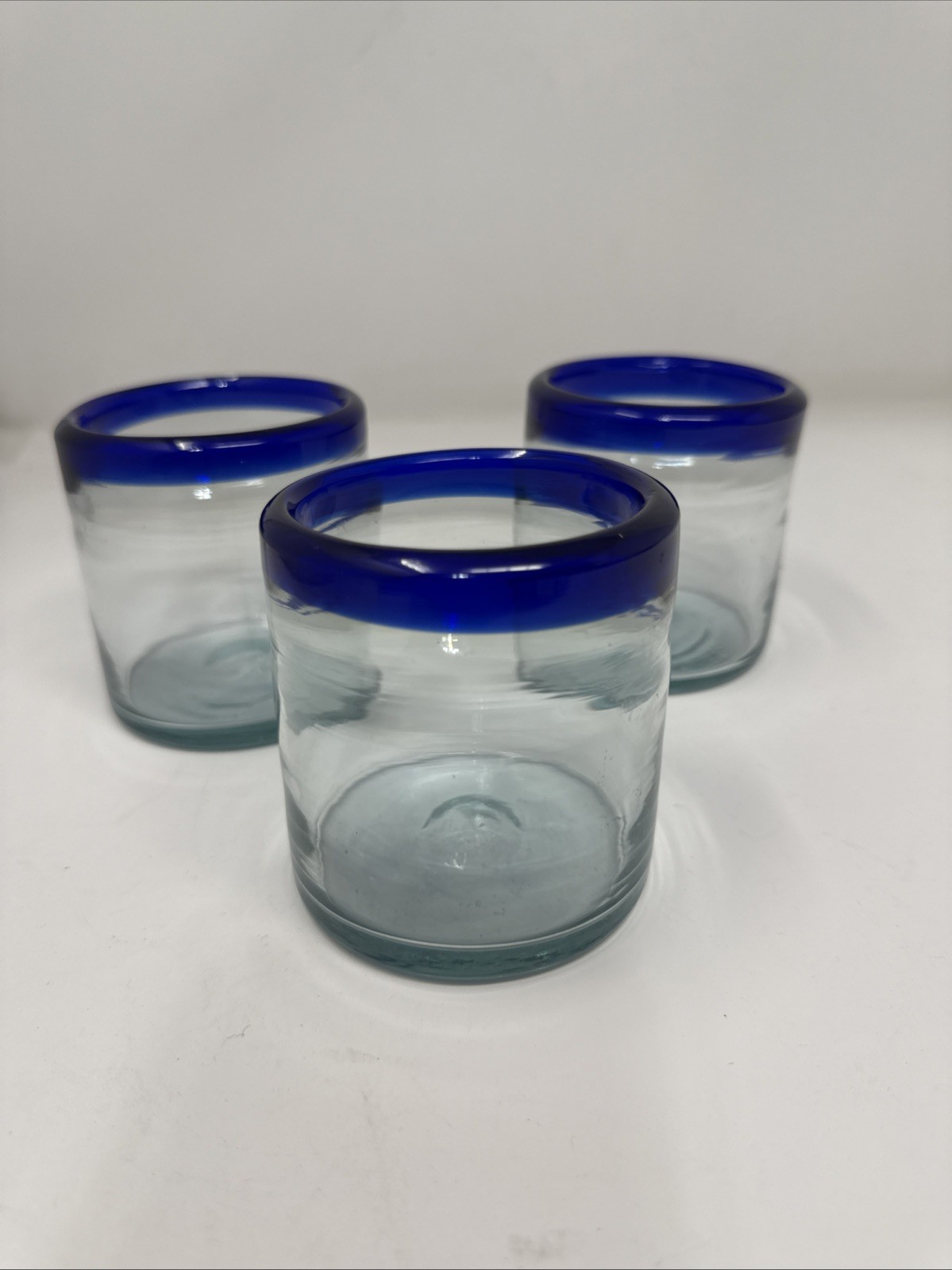 Hand Blown Mexican Blue Rim Tumblers 12 oz Set of 3 for Water or Cocktails
