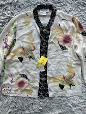 Citron Santa Monica NWT Blouse Womens Large White Silk Crane Bird Asian Japanese