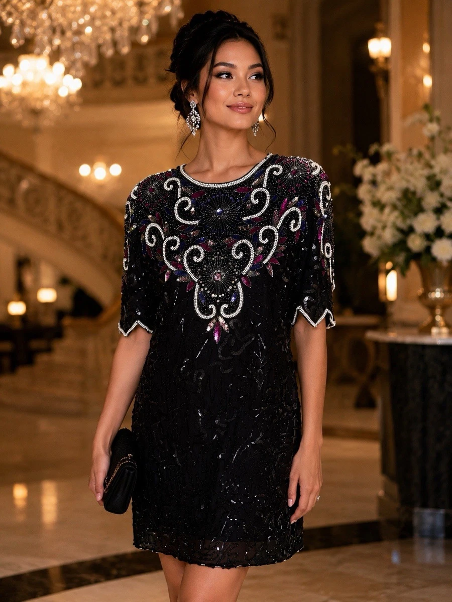 eighties cocktail dresses Vintage 80s Black Cocktail Wrap Dress with Rhinestone Detail – HW Collections – Size 9/10 main image 1