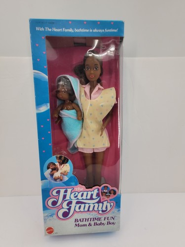 1987 Mattel The Heart Family BathTime Fun Mom & Baby Boy 4751 Black AA Doll