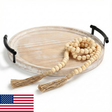 13" Whitewashed Farmhouse Round Tray with Bead Garland - Coffee Table Decor
