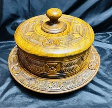 Vintage XL 16” Mid Century Hand-Carved Hardwood Covered Cake Stand W/ Lid