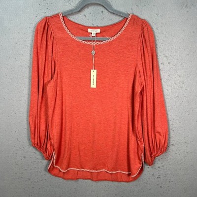 Max Studio Womens XS Coral Long Sleeve Top w/ Embroidered Trim Rayon Blend Boho
