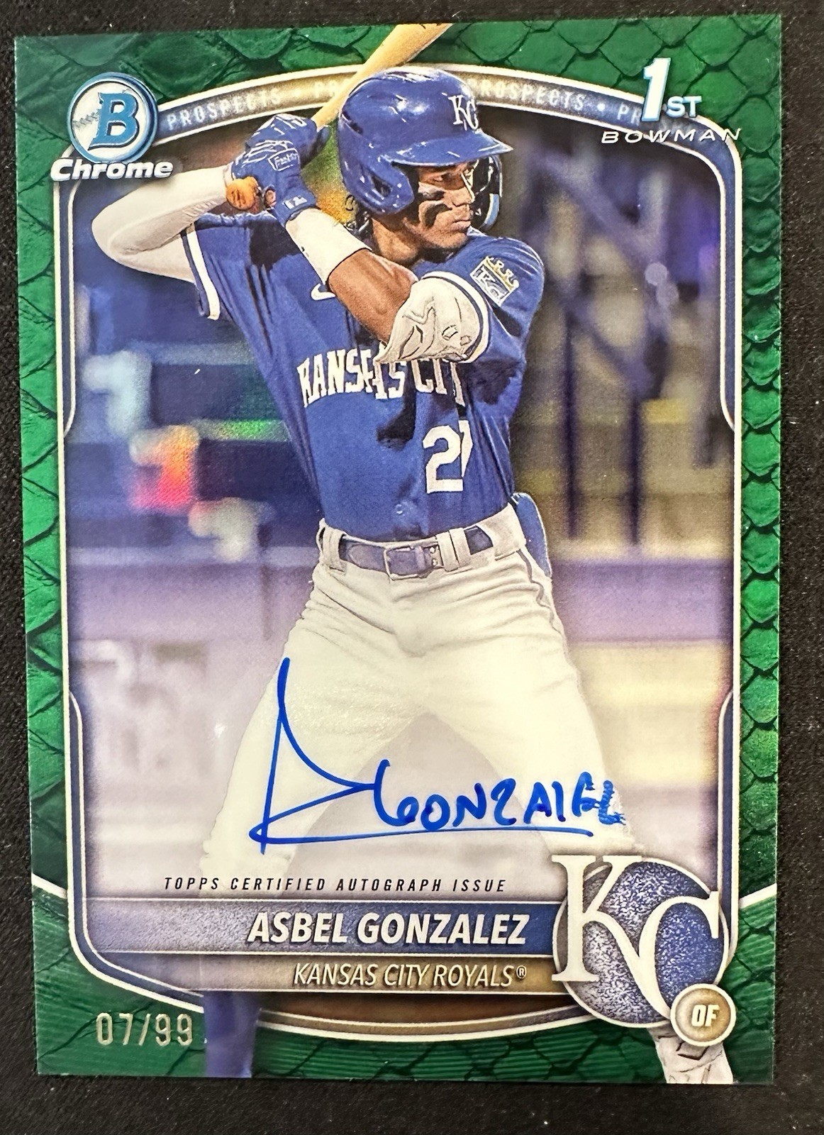 2025 Bowman Chrome Asbel Gonzalez Green Reptilian Auto /99 RC #CPA-AG Royals