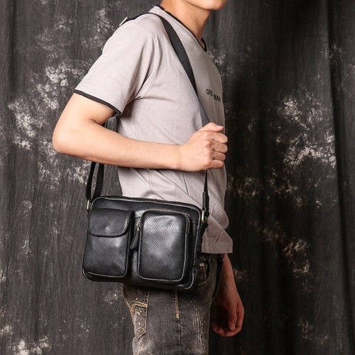 Men's Leather Crossbody Bag Black Multi-Pocket Shoulder Bag Travel Organizer - Picture 3 of 11