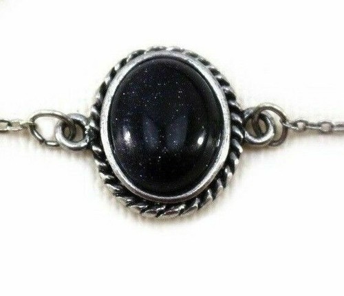 CHAIN BRACELET Shimmering BLACK Oval Stone PENDANT Distressed SILVER Tone - Picture 2 of 10