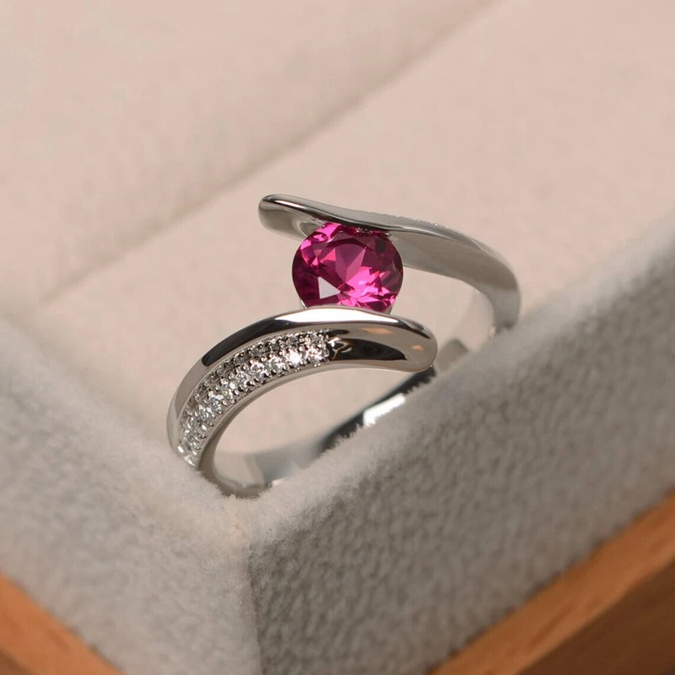 925 Sterling Silver Pink Ruby Ring Lab Created Round Cut Gemstone Women Ring - Image 4 of 4