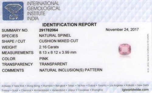 IGI Certified SRI LANKA Spinel 2.16 Cts Natural Untreated Soft Pink Cushion - Picture 2 of 9