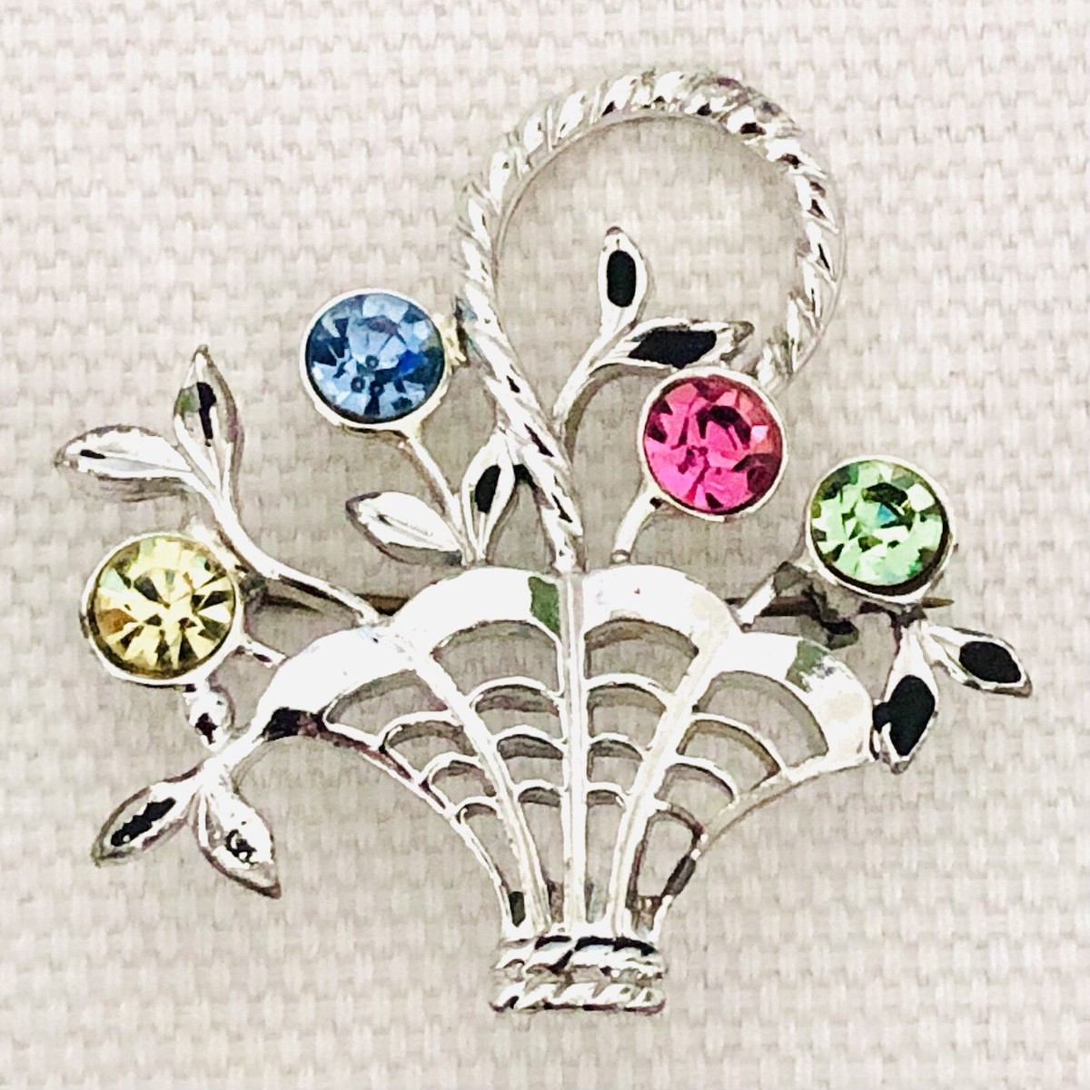 Vintage Silver Tone Multicolor Rhinestone Flower Basket Brooch/Pin