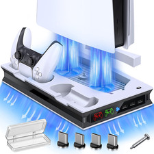 PS5 Stand with 2 Cooling Fan, Dual Fast PS5 Controller Charging Station with 3 E