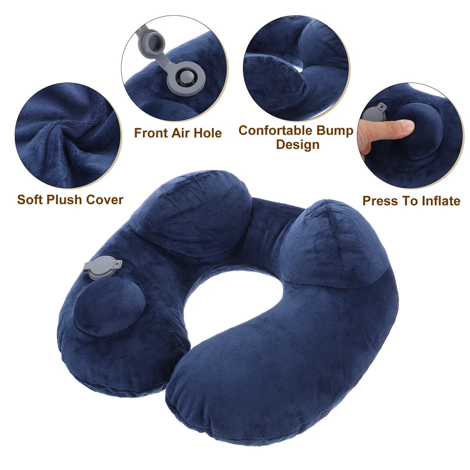 2Pcs Self-Inflatable Plush Pillow for Travel Airplane with Bag Green Navy Blue - image 3 of 4
