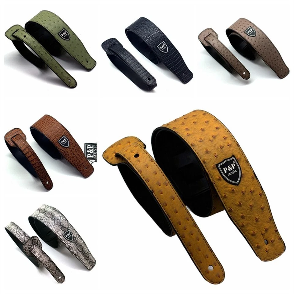 Correa de guitarra ajustable de cuero PU en relieve para correa de bajo eléctrico acústico Foto 2 de 4