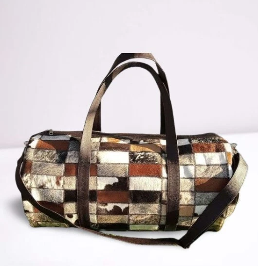Patchwork Duffle Weekender Gym Leather Bag Tri Color Cowhide Road Trip Duffel - Image 2 of 3