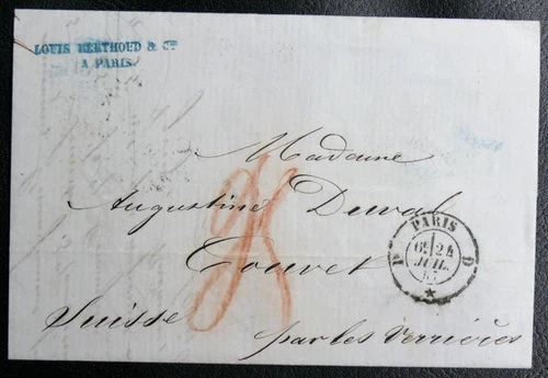 FOLD FOR SWITZERLAND FROM PARIS - JULY 24, 1857 - arrived in COUVET ON 25