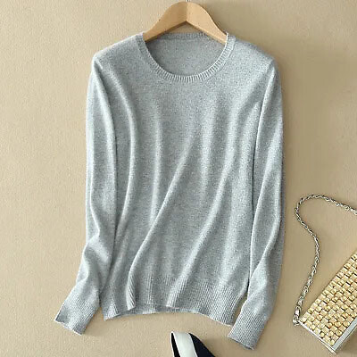 Women Wool Cashmere Sweater Knitted Pullover Slim Crew Neck Sweater Solid Jumper