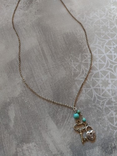 Vintage necklace sterling silver 925 chain key heart lock charms turquoise beads - Picture 3 of 7