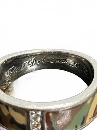 925 Sterling Silver Men's Camouflage Wedding Band Size 13 Three Stones Engraved - Picture 6 of 7