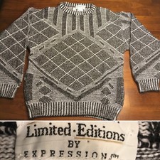 Vtg 80s 90s Limited Edition Expressions Black Gray Geometric Sweater Medium Hip