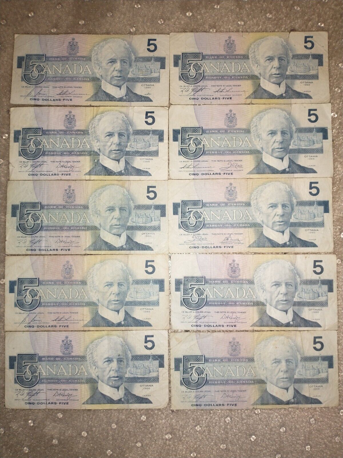 10x Canada 5 Dollar Bills Old Paper Money Birds Banknotes 1986 in Poor Condition