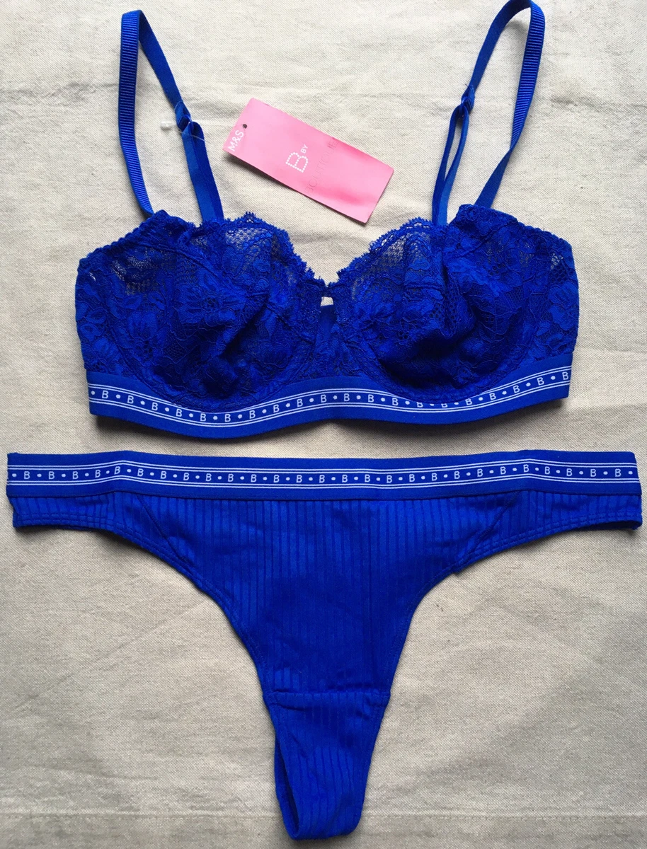 Marks & Spencer M&S B Boutique Cobalt Blue Lace Bra 32D 70D Thong