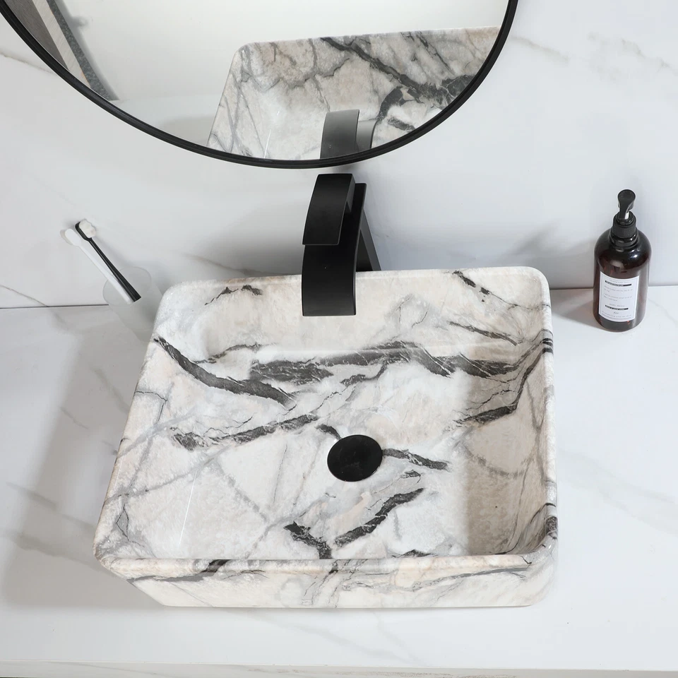 Rectangular Bathroom Vessel Sink White With Black Marble Basin Combo Faucet Set - Image 4 of 4