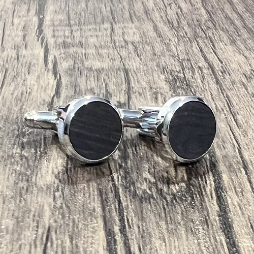 925 Sterling Silver Bevel Edge Round Black Wood Cufflinks In Box Men Cufflinks - Picture 6 of 7