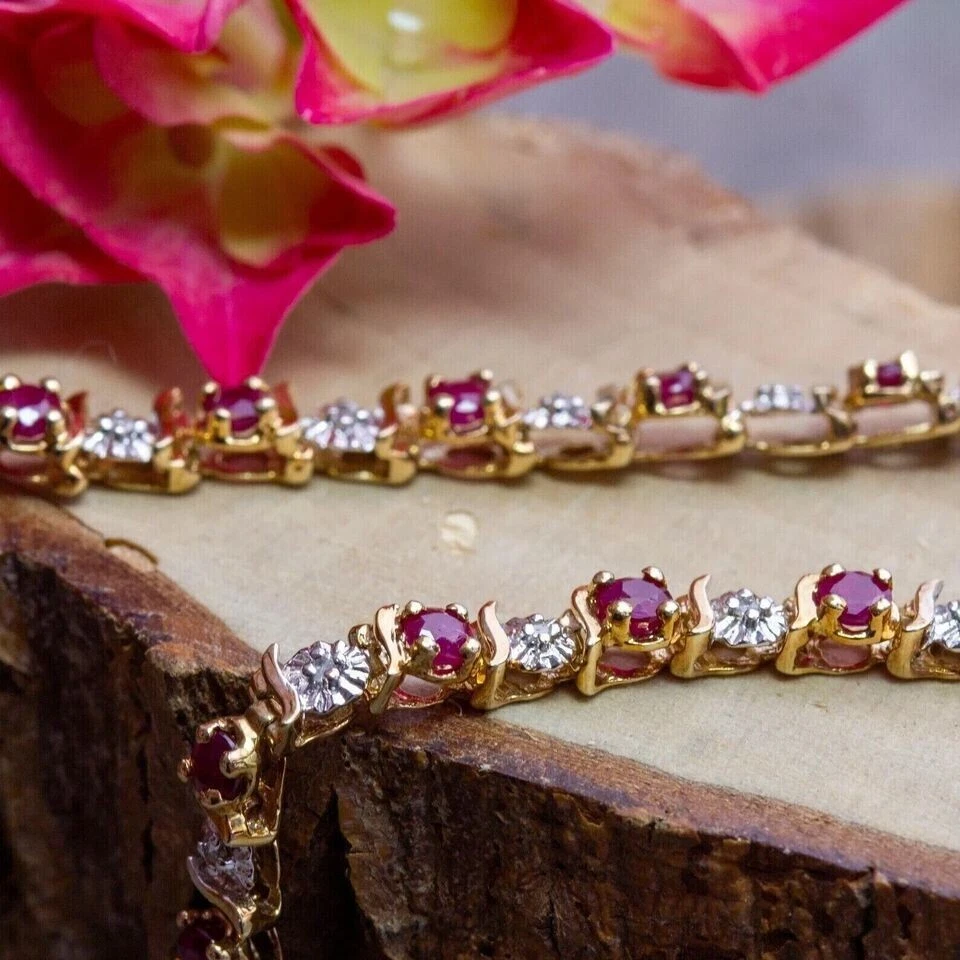 4Ct Round Cut Red Ruby Women's Tennis Bracelet 14K Yellow Gold Plated - Image 4 of 4