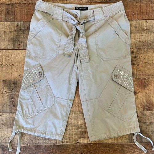 INC Khaki Capri Cargo Pants Summer Y2k Vintage Bling Pockets Drawstring Hem 2P - Picture 3 of 6