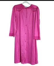 Vintage Vanity Fair Size M Lace Satin Hot Pink Nightgown Housecoat Button Up USA