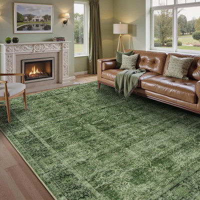 Vintage Green 9x12 Washable Area Rug - Soft Non-Slip Boho Carpet for Home