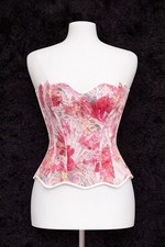 Pink Floral Overbust Corset Mesh Lace-Up Boned Sheer Strapless Sleeveless