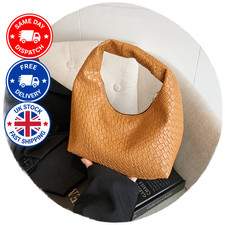 Ladies Soft Hobo Bag Woven PU Leather Look Shoulder Tote Everyday Handbag