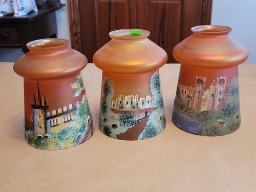 (3) Hand Painted Iridized Carnival Glass Lamp Shade Czechoslovakian Art Deco