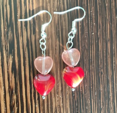 rose quartz and red glass heart shaped silver tone Romantic dangling Earrings 