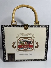 Cute Bueno Cigar Box Handled Purse Beaded Train Travel Lined Black & White Dots