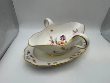 Meissen Porcelain Floral Handled Gravy Boat with Attached Underplate