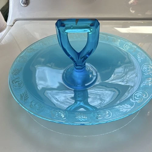 Beautiful Etched Sapphire/Royal Blue Satin Depression Glass Serving Plate